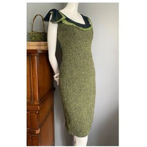 Pamela Brown Green & Navy Mohair Tweed & Silk Sleeveless Wiggle Dress Retro Sz 8